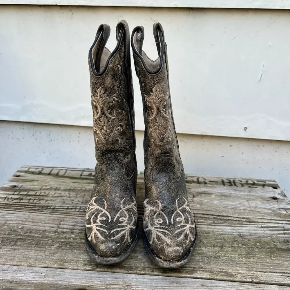 Old West Kids Vintage Charcoal with Fancy Embroidery Snip Toe Western Boots
